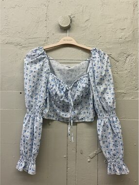 Cloud Nine Blue Floral long Puff Sleeve Crop Top cottagecore